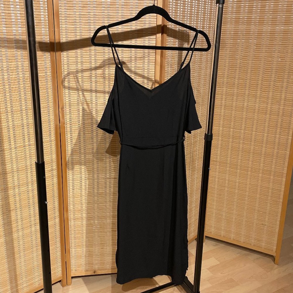 Solid black Midi Dress with Cami straps, off the shoulder draping